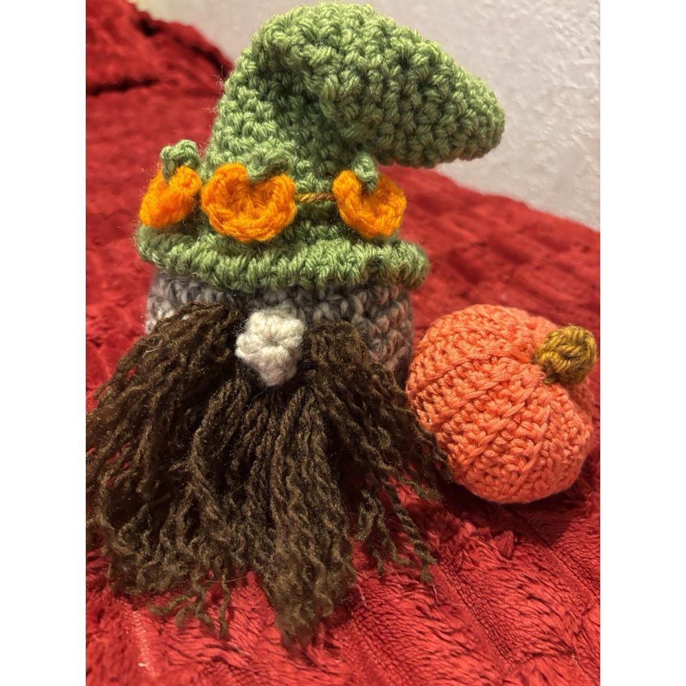 Crochet Handmade Bearded Gnome Green Hat Pumpkin Band 6x4 Orange Pumpkin 2"